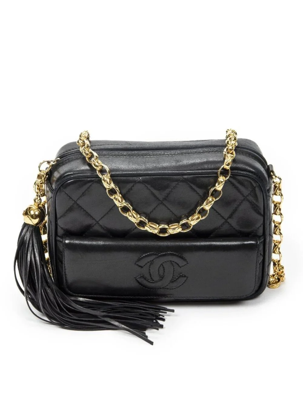 Chanel CC Logo Fringe Chain Shoulder Bag Black Quilted Lambskin Leather